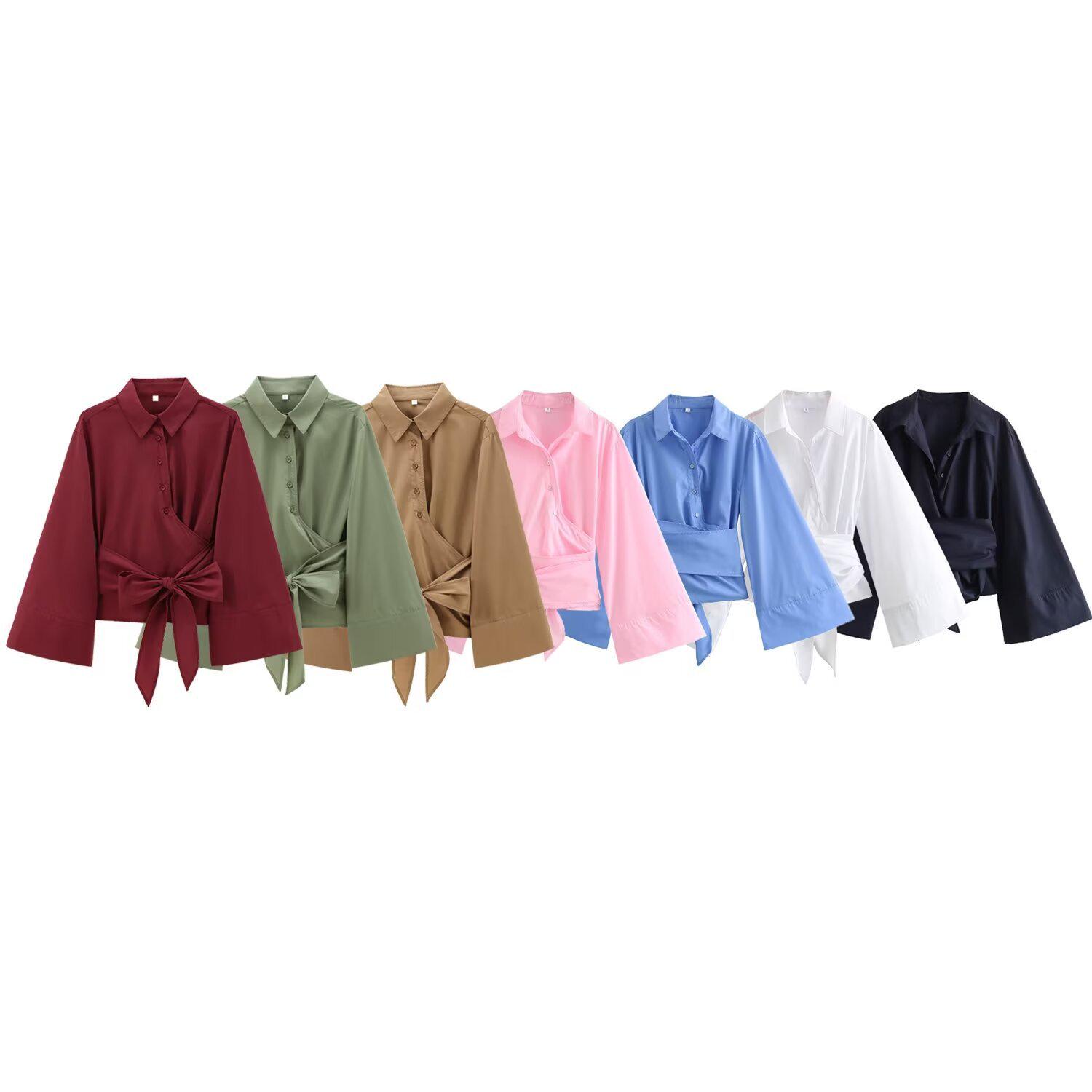 

Spring Fashion Casual Double-Breasted Lapel Poplin Shirt with Bow Tie for Women Large