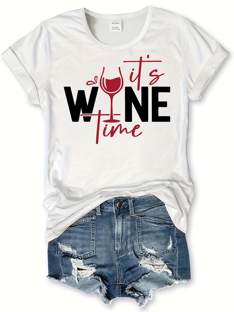 WoUnisex Casual Crew Neck TShirt with ItS Wine Time Graphic Print Geometric Pattern Harajuku Sleeve Casual Aesthetic Clothes