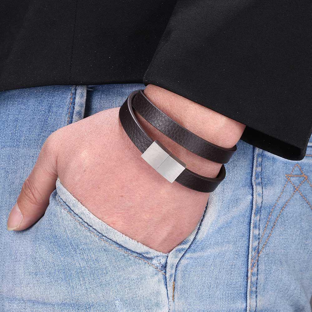 Bracciale intrecciato in pelle da uomo con acciaio inossidabile - Stile europeo e americano