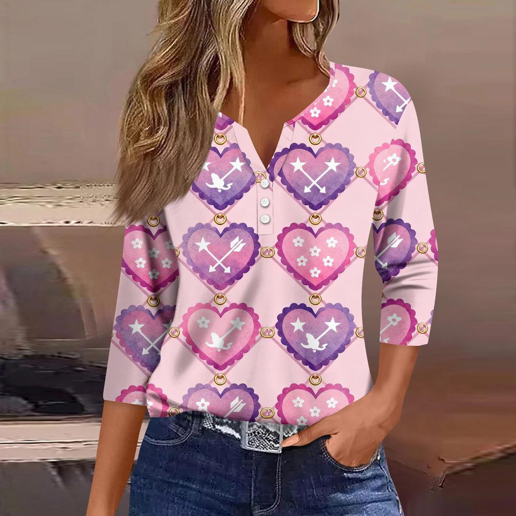 Women's Fashion Button-Up V-Neck Three-Quarter Sleeve Valentine's Day Print Top