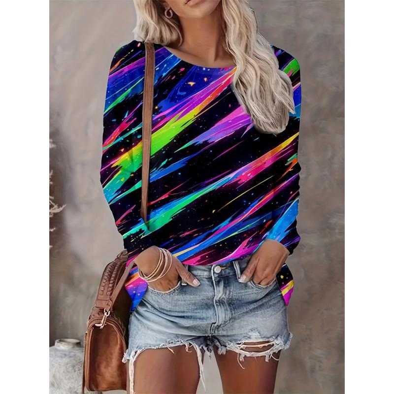 Womens Casual Abstract Print Long Sleeve Crew Neck T-Shirt 3D Effect 2025 Comfort Fit