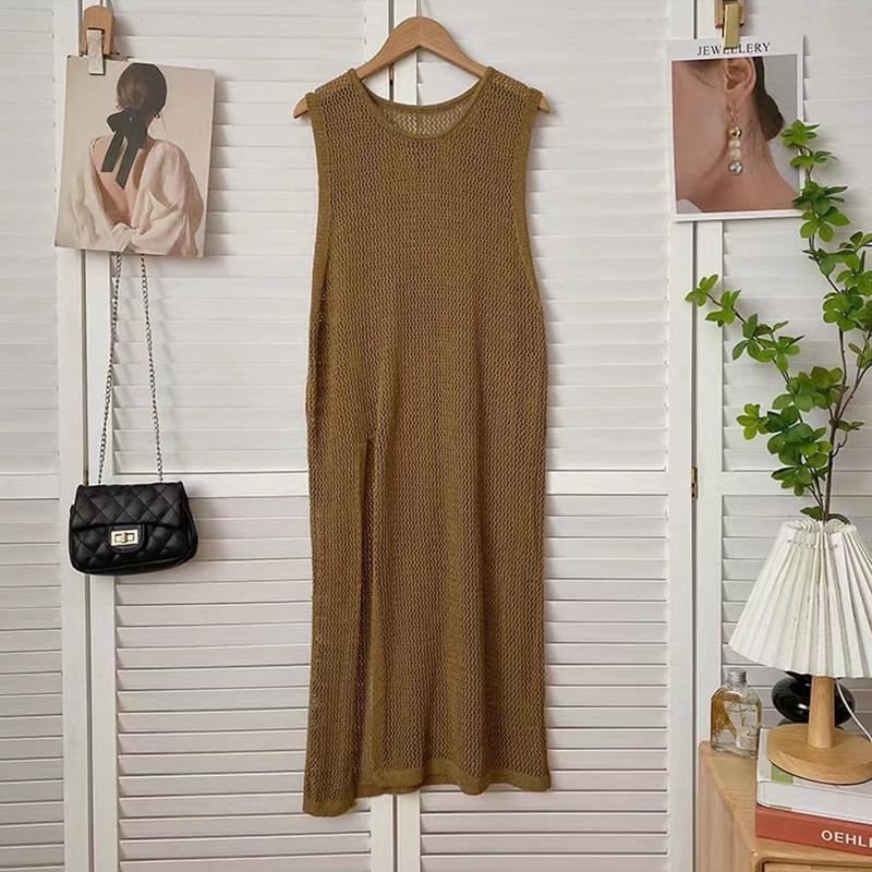 

Модный тонкий вязаный женский топ без рукавов, с круглым вырезом, повседневное свободное платье, ажурный, с разрезом, блузка, однотонный, элегантный, летний, длинная рубашка One size