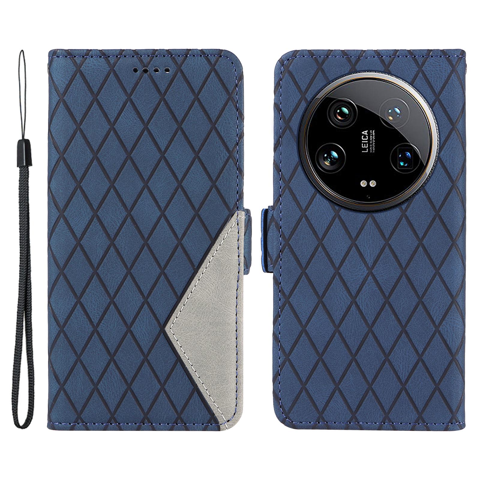 

Чехол для Xiaomi 14 Ultra с тисненым ромбовидным узором-сеткой, чехол-кошелек для телефона Blue