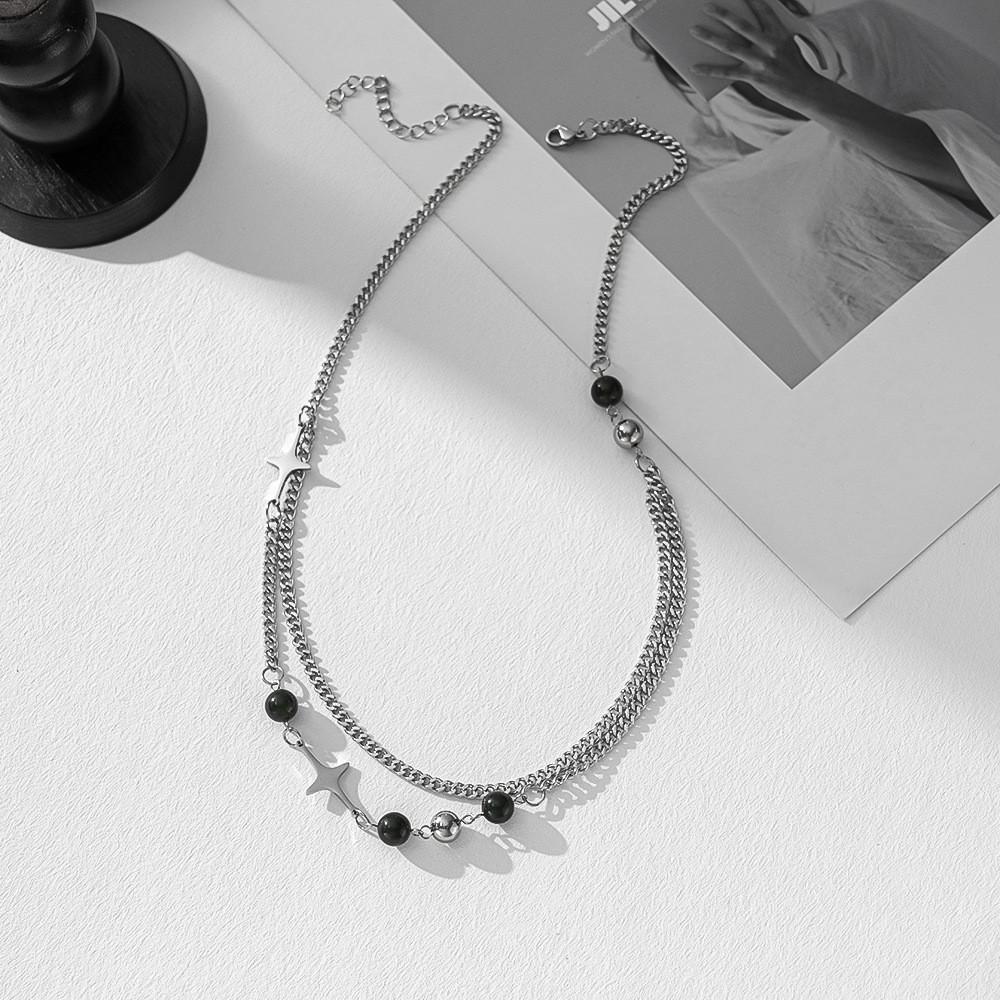 Hip Hop Style Double Layer Titanium Steel Necklace With Geometric Star Pendant For Unisex Fashion Accessory