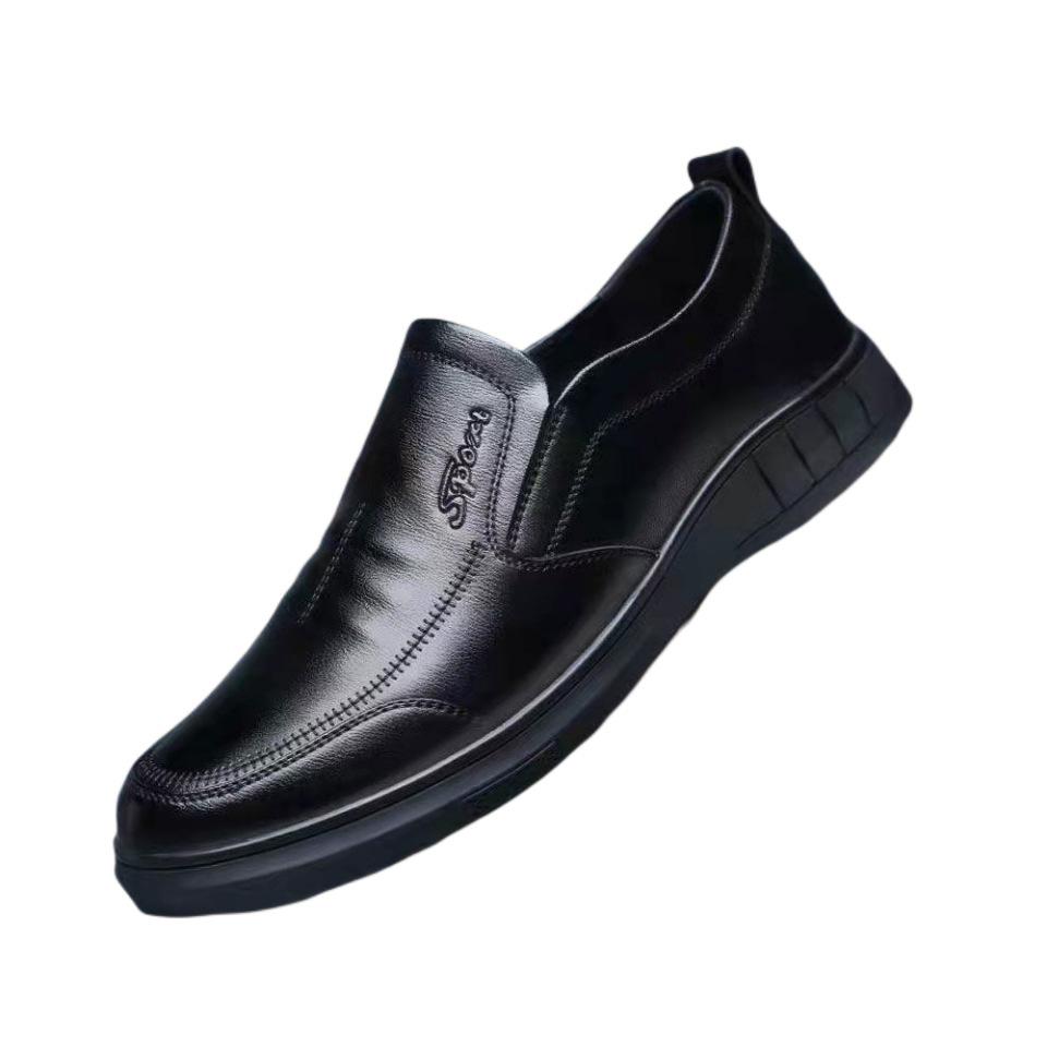 Men's spring new leather shoes men's pure black casual shoes lazy shoes soft-soled shoes