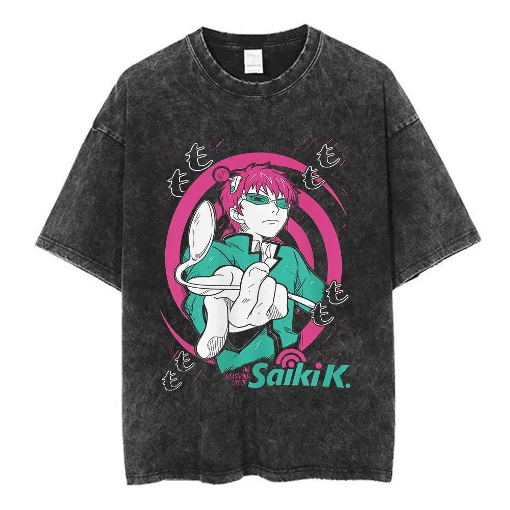 Washed Vintage Anime The Disastrous Life of Saiki K Saiki Kusuo Tshirt Men Retro Cartoon Merch High Street Vintage Unisex Loose