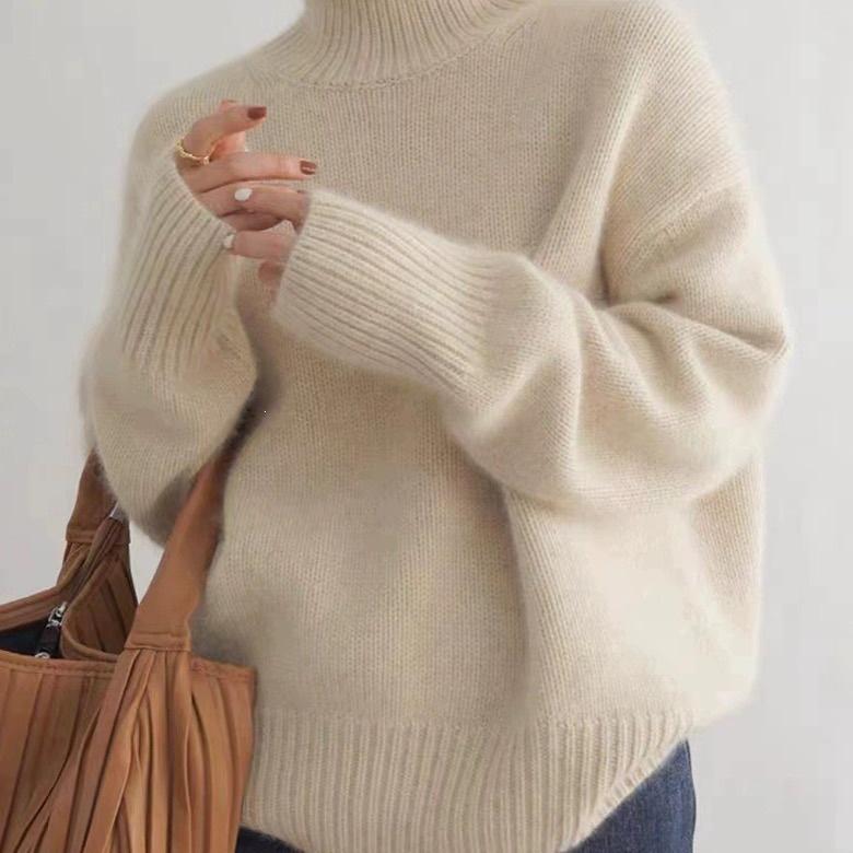 Women's European High Neck Pullover Sweater: Autumn/Winter Loose Fit, Slimming Plain Knit Base Layer