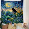 A black cat sits under a swirling moonlit sky surrounded by colorful flowers. Patterned tapestry for bedroom and living room home decor