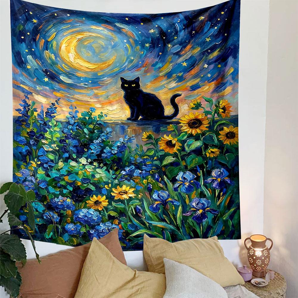 A black cat sits under a swirling moonlit sky surrounded by colorful flowers. Patterned tapestry for bedroom and living room home decor