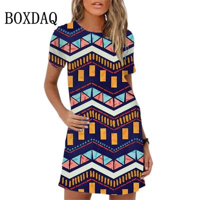 Geometric Printed Women's Dress Summer New Short Sleeved Round Neck Loose Mini Dress Retro Casual 3D Printed Women's Dress