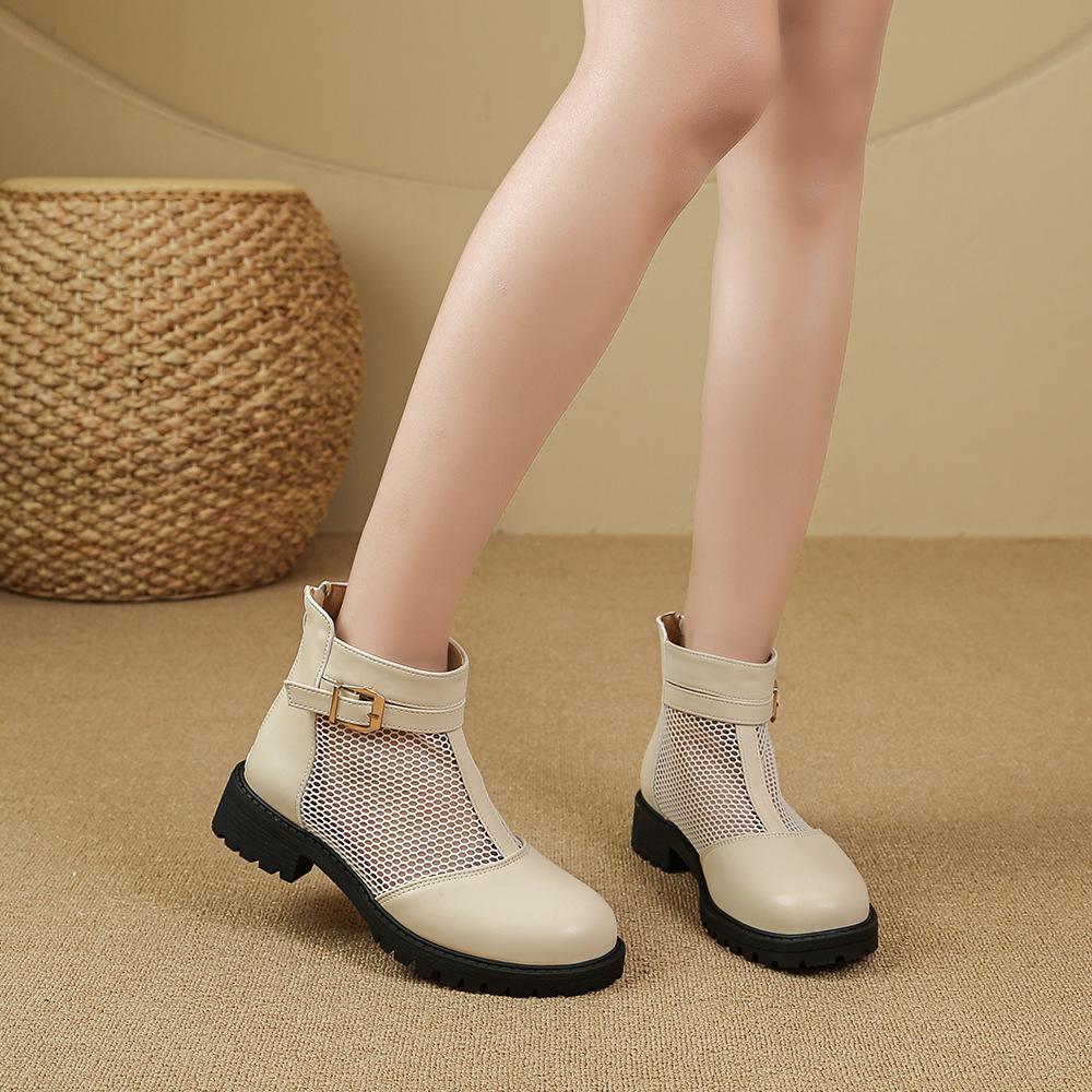 Spring and summer new women's shoes soft leather thick heel mesh hollowed out breathable cool boots hole leather boots fashionable versatile boots