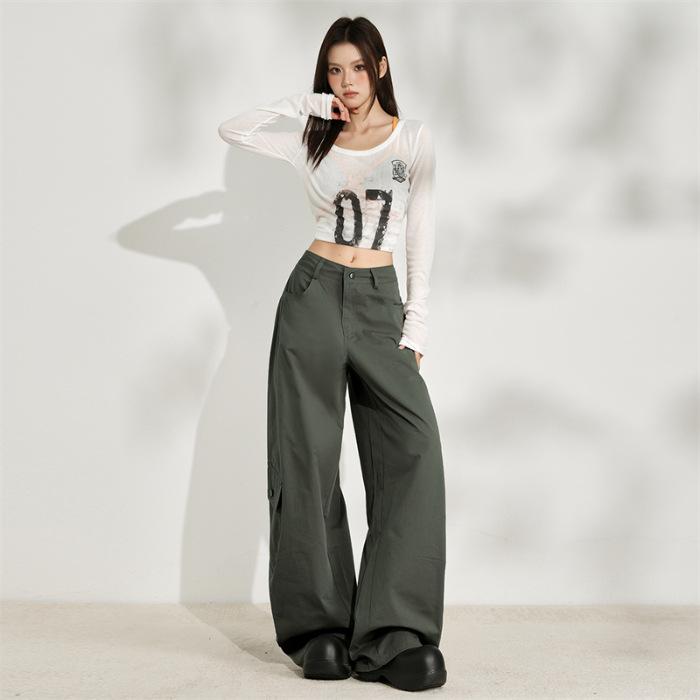 Navy Blue American Street Gal Multi-Pocket Workwear Casual Pants for Women, 1116 Autumn New Simple Trendy Floor-length Pants