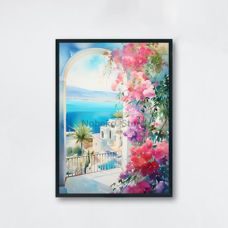 Watercolor Style Mediterranean Coast Sea Poster Seaside Landscape Prints Canvas Painting Wall Art Pictures Home Room Beach Decor