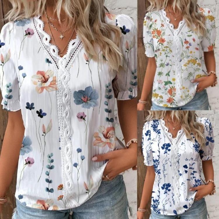 Elegant Plus Size Womens Floral Print Blouse V Neck Lace Detail Short Sleeve Spring Summer Textured Clothing