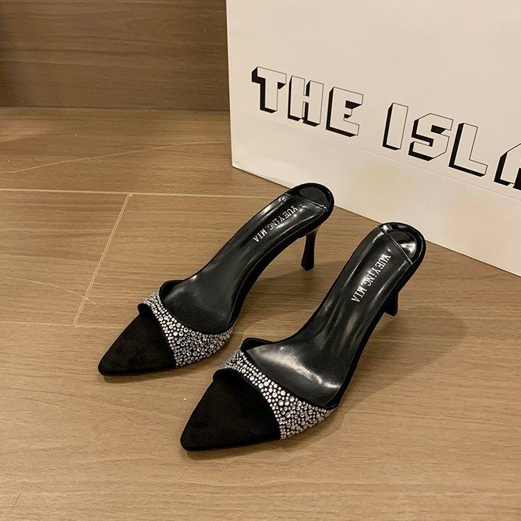 

2025 summer new large size rhinestone high-heeled slippers women s wear thin heels pointed one-word drag leopard print sandals 34 чёрный