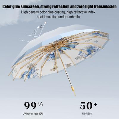 Składany parasol w stylu chińskim Blokujący słońce Ochrona przed UV Parasol trójskładany Wodoodporny Wiatroodporny 16 żeber Przenośny Męski Damski Parasol na słońce i deszcz