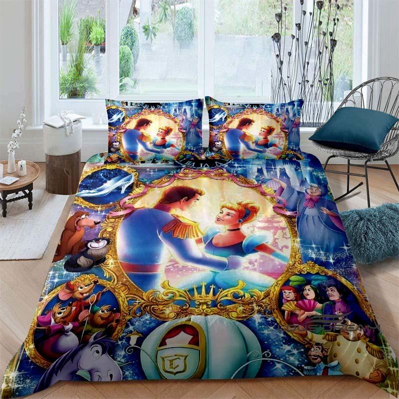 Cartoon-themed Cinderella fairy tale duvet cover and pillowcase bedding set, suitable for boys' and girls' bedrooms, and as a