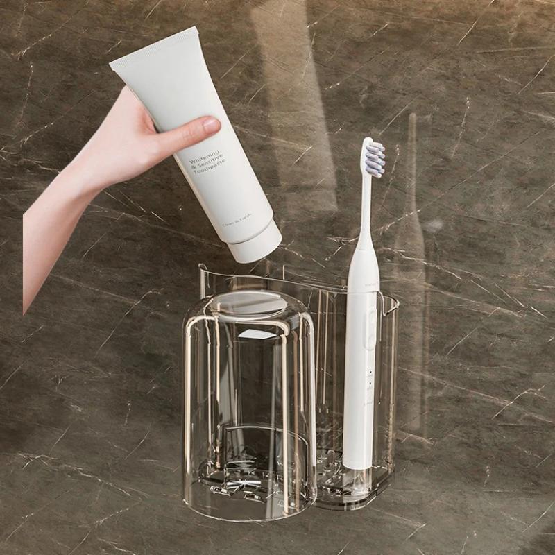 Portaspazzolino da parete Portaspazzolino autoadesivo Portaspazzolino con tazza per collutorio Organizzatore per il bagno Forniture per la conservazione della casa