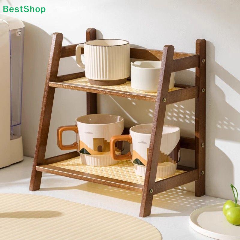 2-Tier Bamboo Ladder Shelf - Natural Wood Storage Rack with Rattan Shelves, Decorative Organizer for Bedroom/Living Room