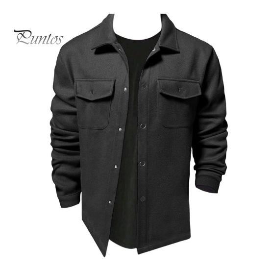 Simple Lapel Male Coat Men Autumn Winter Solid Color Shirt Long Sleeve Flap Relaxed Fit Jacket Pockets Single Breasted Loose Casual Tops Retro Texture