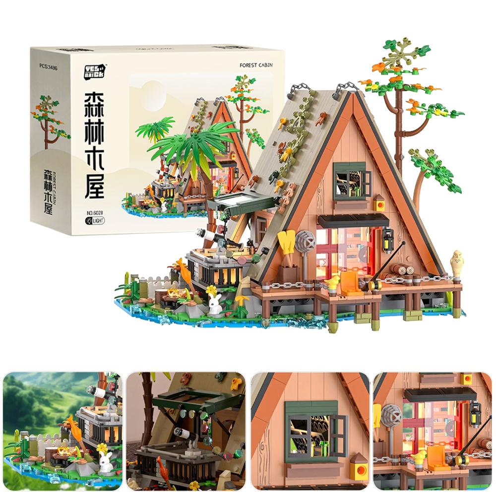 A-shape Room Decor Bricks 1486PCS Forest House Building Blocks with LED Light Tree Cabin Display Bricks Set Kit for Nature Lover