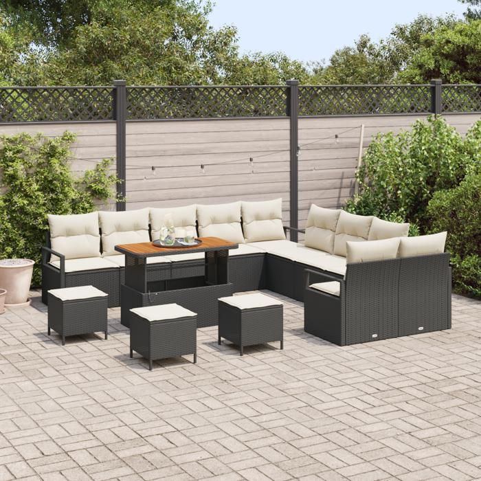 Canapé de jardin 14 pièces avec coussins noir poly rotin acacia 3362590