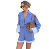 Women's Color Blocked Striped Shirt Wide Leg Shorts Set for Spring and Summer Casual Loose Fit Daily Commuting VersatileFrench Style Lady Sets