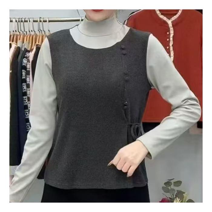 

Korean Style Lace-up Patchwork Half-High Collar Top - Age-Reducing, Tummy-Concealing, Long Sleeve, Loose & Warm Design 3XL сірий колір