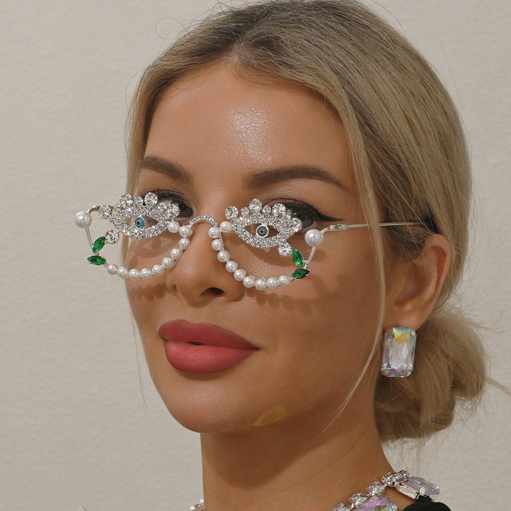 Rhinestone Pearl Eye Shape Rimless Decor Glasses Party Costume Photo Prop Eyewear
