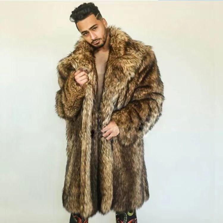 Men's Autumn and Winter Thick Warm Faux Fur Coat Imitation Fox Fur Windbreaker Large Size Long Fur Plush Leather Jacket