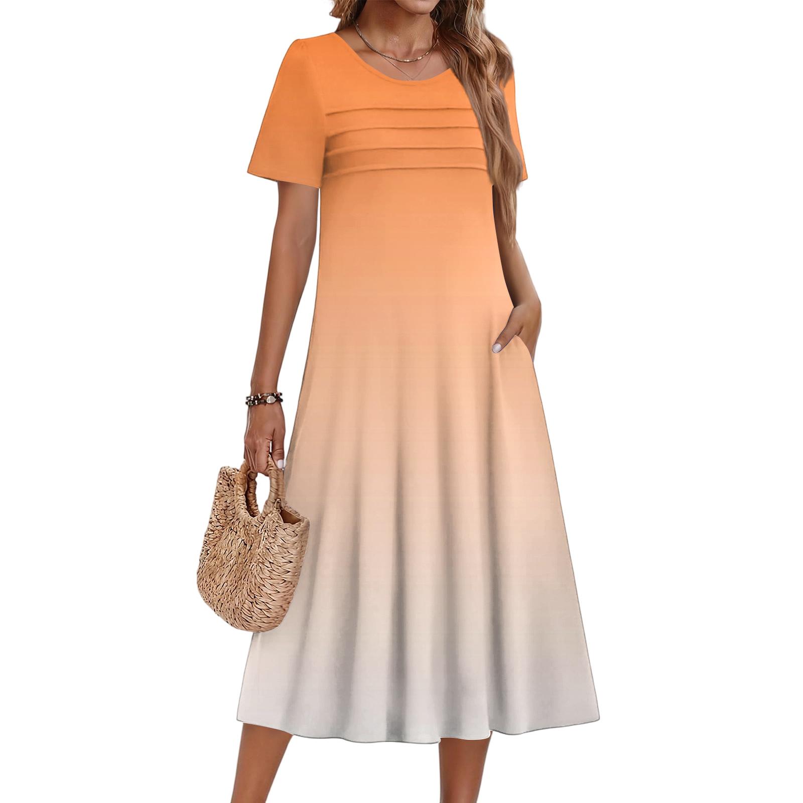 Ladies  Gradient Printed Casual And Fashionable Short Sleeved Round Neck Dress M шафрановый