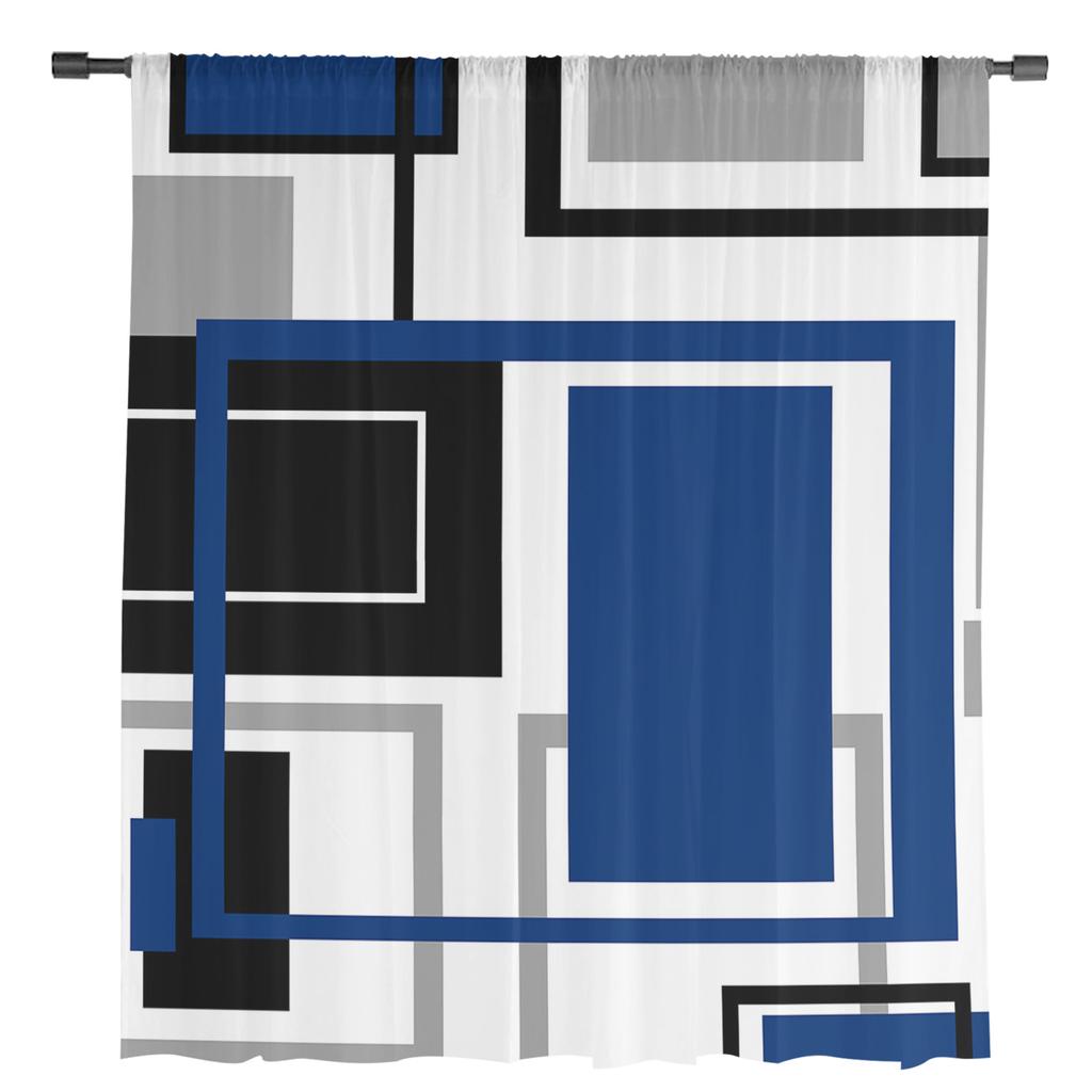 Abstract Geometry Squares Modern Art Blue Sheer Curtains for Living Room Decoration Window Curtains Kitchen Tulle Voile Curtains