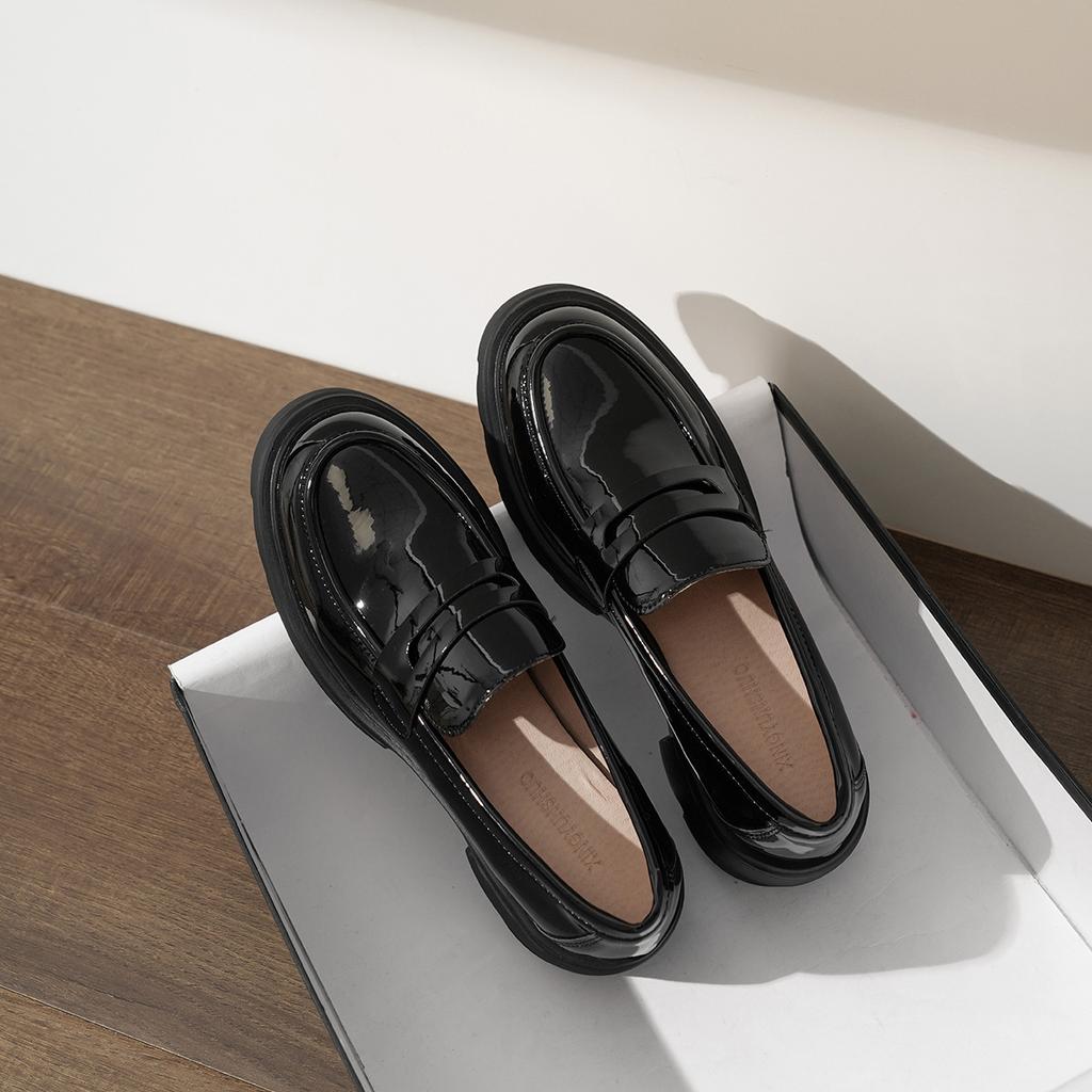 Malé kožené boty Dámské Nový podzimní britský styl Single Boty Líné nazouvací kulatá špička Mokasíny s tlustou podrážkou pro ženy