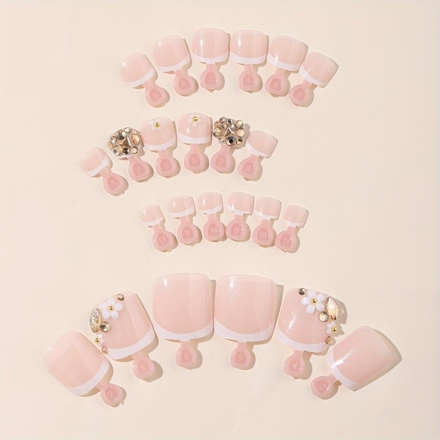 24pcs Elegant French Square Nail Patches, Mixed Color System, Short Length, Glossy Finish with 3D Rhinestone & Flower Design, Fashionable