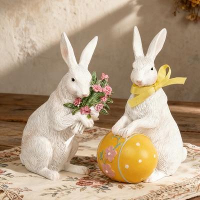 Mini Easter Holding Egg Bunny Statue Flower Colorful Ceramic Rabbit Figurine Spring Easter Home Office Holiday