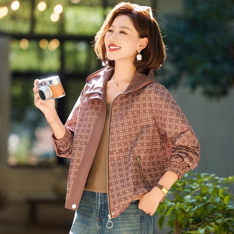 Mid-Age Women's Hooded Plaid Windbreaker