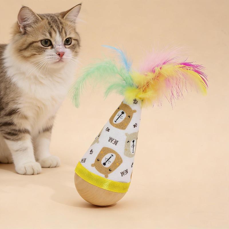 Interactive Tumbler Cat Toy with Feathers, Automatic Balancing Teasing Stick for Kittens, Indoor Cat Entertainment Toy