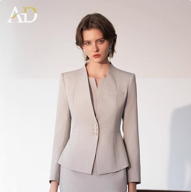 Light Gray Collarless Suit Dress Set - Slimming & Figure-Flattering Formal Workwear for Women