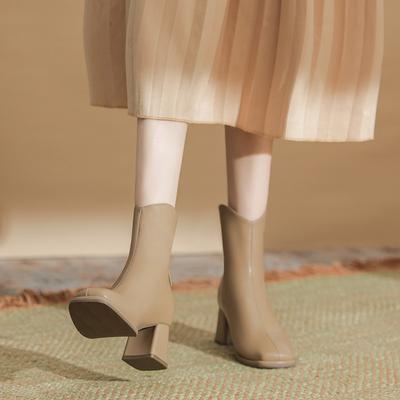 Milk Tea Color Sheepskin Thick Heel Short Boots Women's Autumn and Winter Advanced Sense White Thin Boots Leather High Heels