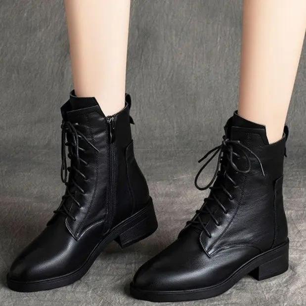 Fashion 2024 New Ladies Shoes Hot Sale Cross-tied Women's Boots Fashion Side Zipp Casual Boots Women High Quality Square Heel Mid-Calf