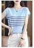 Women's Spring 2024 Cotton Striped Knitwear T-Shirt - Short Sleeve, Round Neck