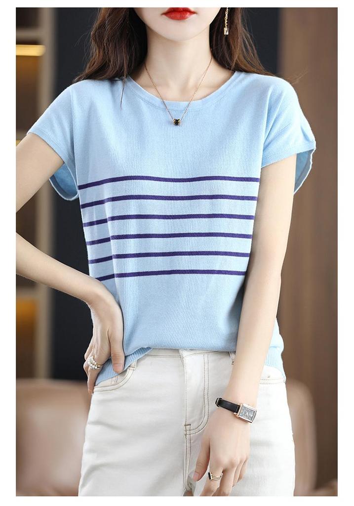 Women's Spring 2024 Cotton Striped Knitwear T-Shirt - Short Sleeve, Round Neck