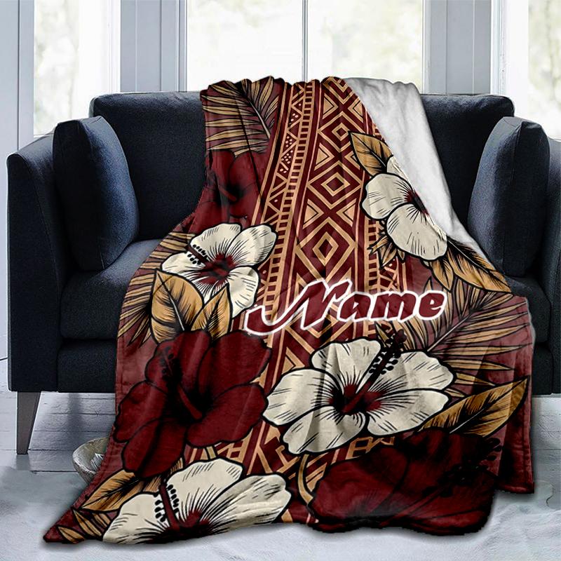 1PC Custom Name Hibiscus Flowers outdooor Flannel blankets Throw Blanket All-Season Throw Gift Bedspread for Couch, Bed, Camping Holiday Birthday gift
