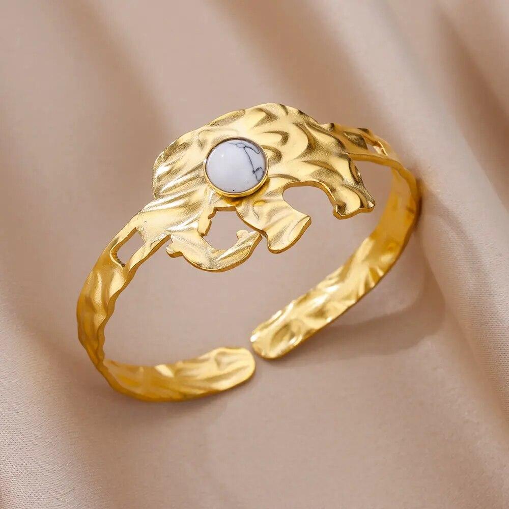 Artificial Green Stone Stainless Steel Cuff Bracelet for Women Gold Color Bangle Bracelets Female Vintage Jewelry Accessories