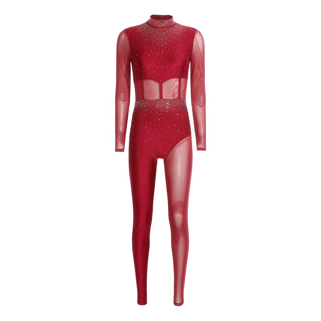 Womens Gymnastics Unitard Bodysuit Rhinestone Sheer Mesh Patchwork Cutout Back Full Body Jumpsuit Figure Skating Wear