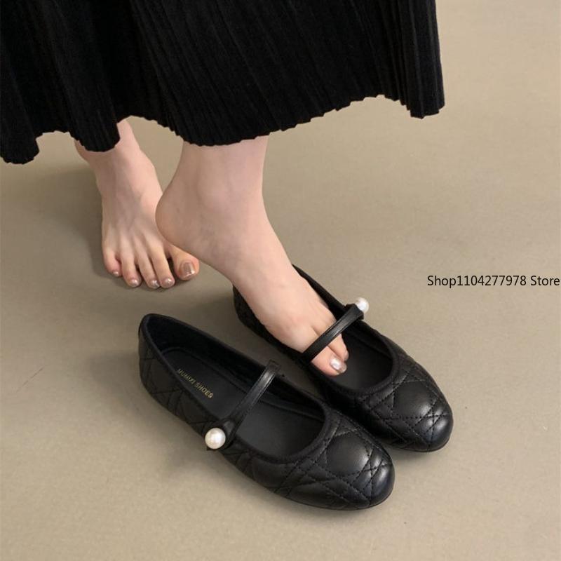 Fashion Imported Smallcow Leatherargyll Pearl Buckle Strap Shallow Sole Flat Women's Shoes Elegant Stylish Trendy Flat Heels Mary Janes