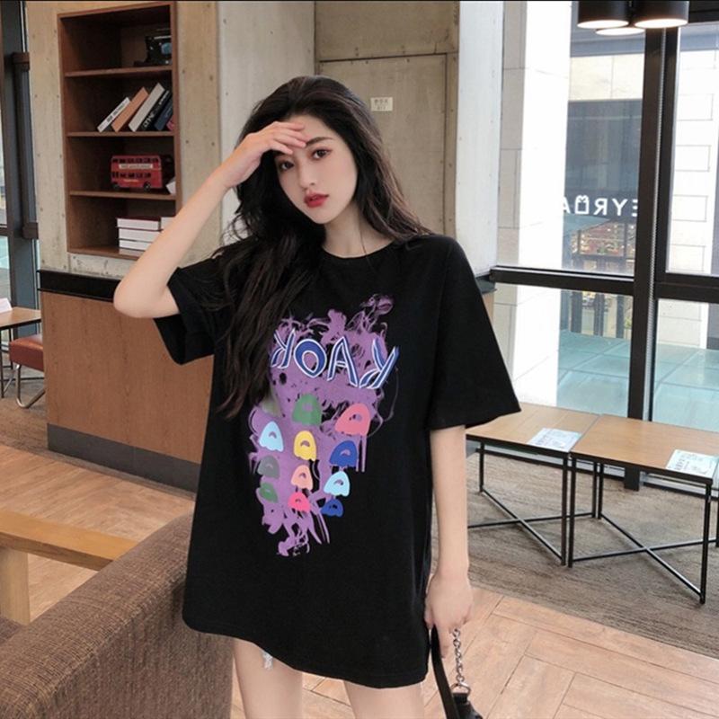 

Новая летняя черная футболка для женщин с короткими рукавами, модная свободная корейская рубашка средней длины с принтом XXXL чёрный