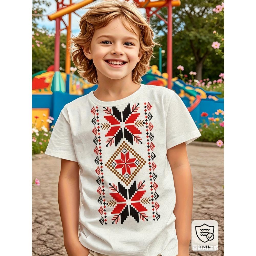 

Boys Printed Bohemian Graphic T-Shirt - Breathable short-sleeved crew neck top, 100