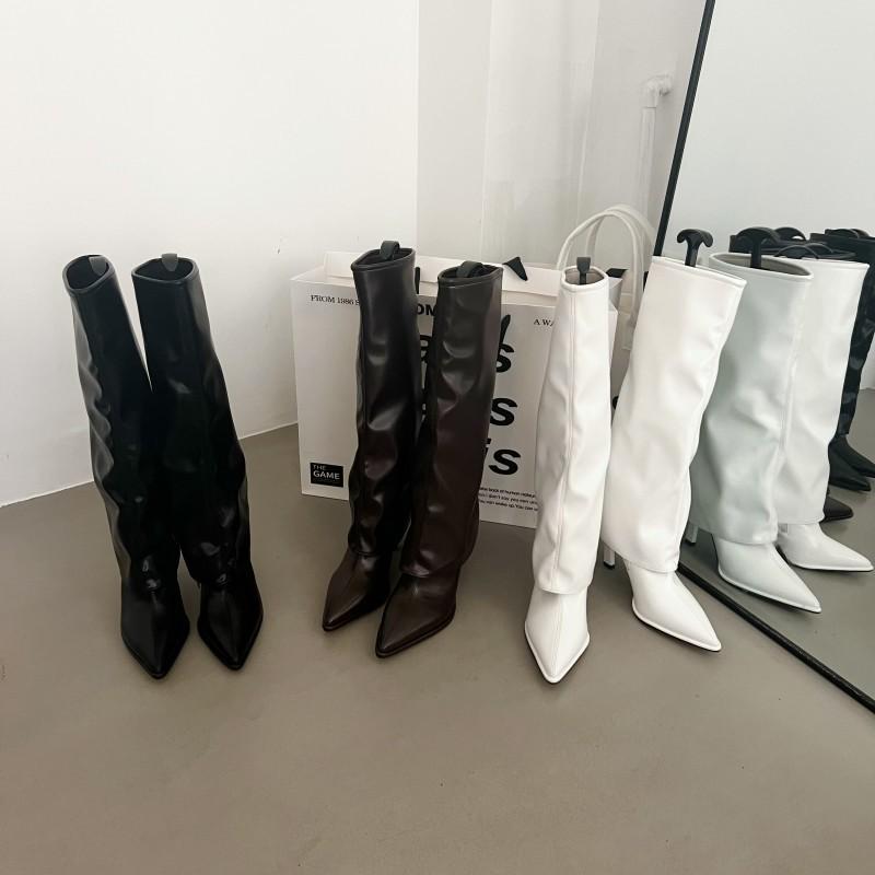 

White Pants Boots Pointed Tall Knight Boots Women s Autumn and Winter Soft Leather High Heel Boots 35 чёрный