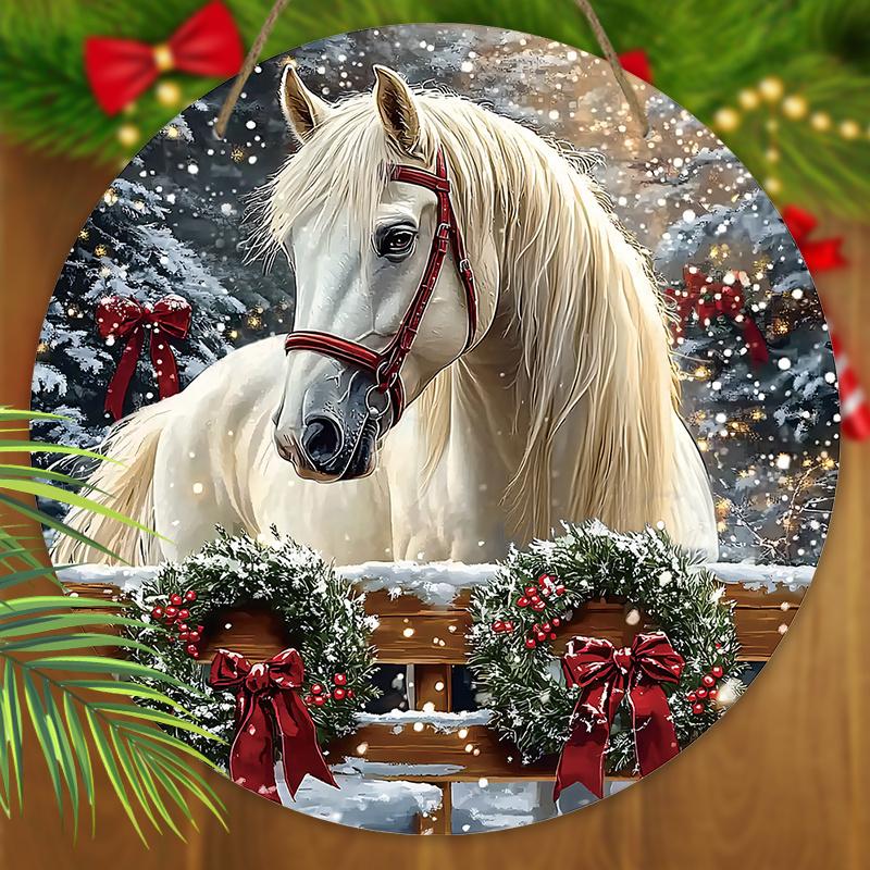 Warm Winter Wooden Christmas Sign with White Horse Pattern, Christmas Round Sign for Front Door Wall Hanging Decor, Ideal Christmas Gift